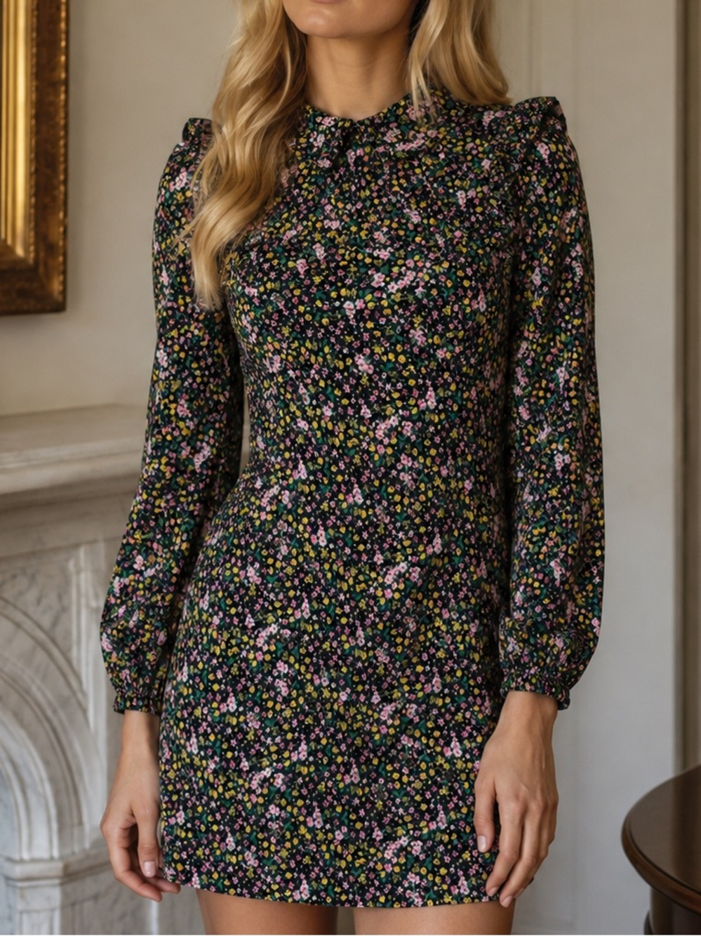 Charles Henry Ditsy Floral Black Nordstrom  Mini Dress Peter Pan Collar Girlhood